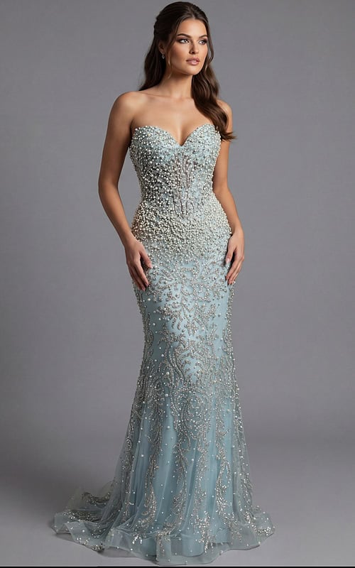embellished strapless evening gown with intricate beadwork and floor length skirt