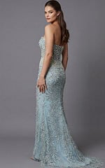 beaded strapless evening dress with pearl embellishments and long train