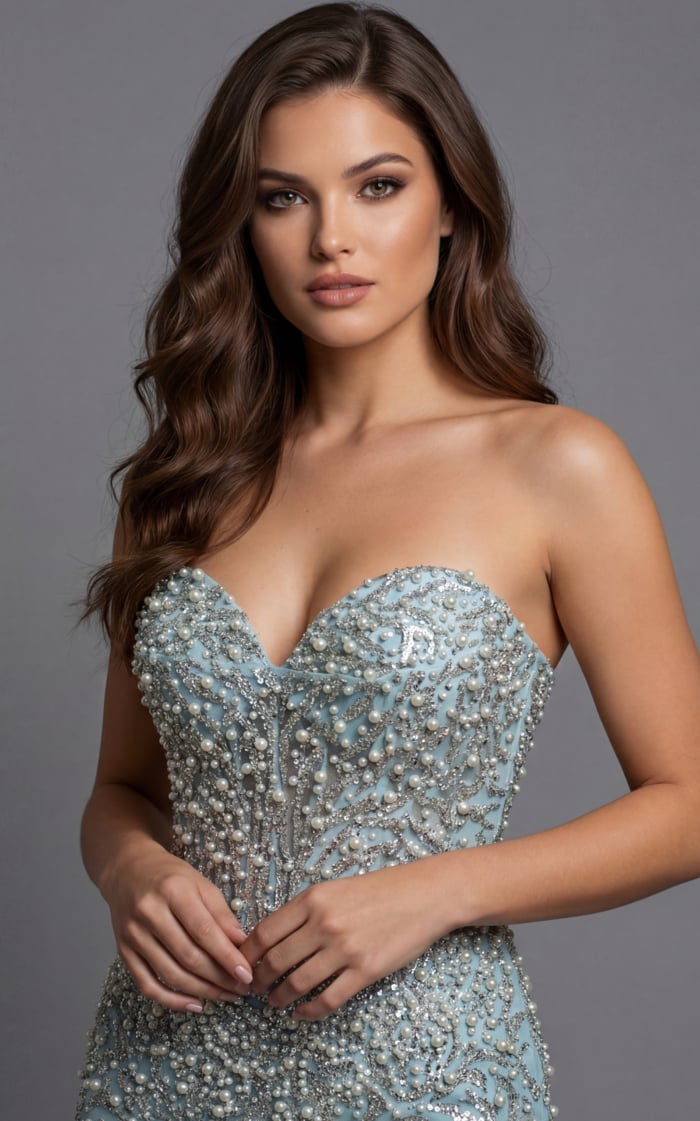 embellished strapless evening gown with intricate beadwork and floor length skirt