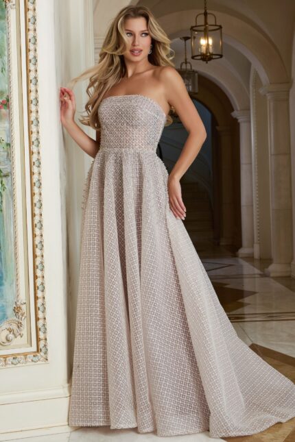 Strapless grid-textured A-line gown with full skirt