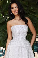 Strapless beaded fit and flare dress with textured embellished overlay