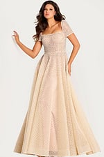 Beaded ball gown with short sleeves, square neckline, and geometric lattice pattern for an elegant finish.