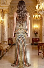 Back view of fully beaded gown with sheer illusion detailing