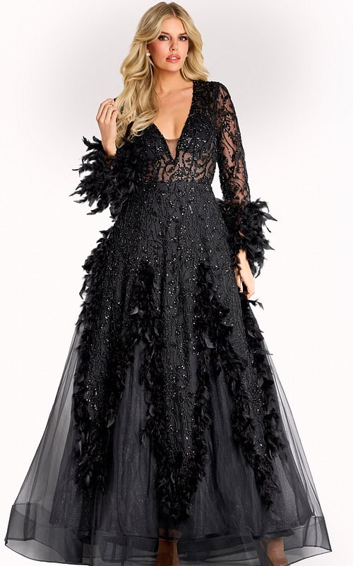 Long black gown with sheer beaded lace bodice, feather-trimmed sleeves, and flowing tulle skirt.