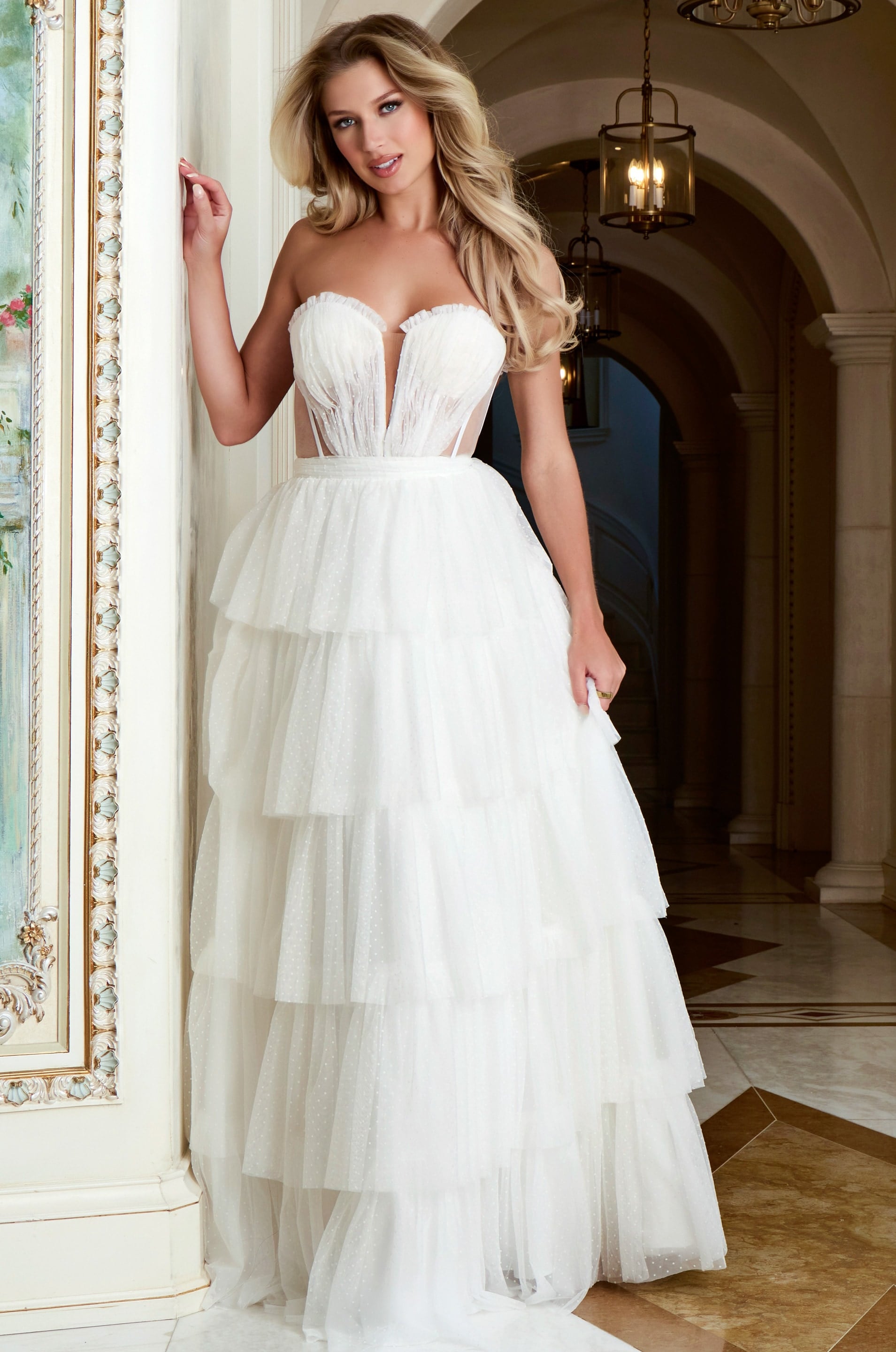 Strapless Tiered Tulle Gown With Corset Bodice 45859