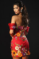 Elegant fitted dress featuring vibrant floral embroidery and romantic corset design