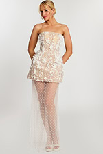 Ivory strapless gown with floral lace and 3D appliqué details