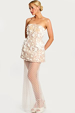 Side view of strapless ivory gown with floral texture