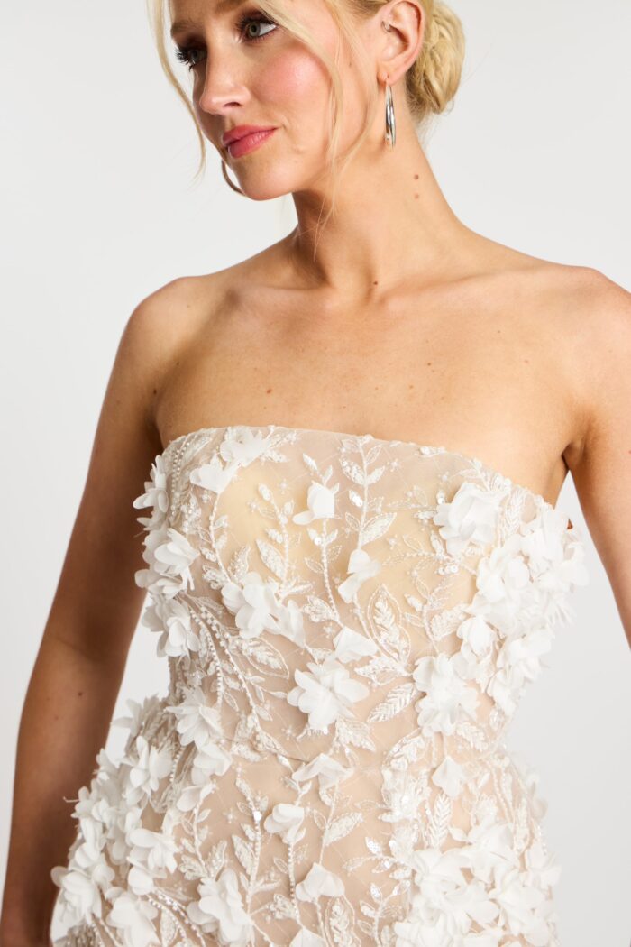Close-up of sequin embroidery and sheer bodice on ivory dress