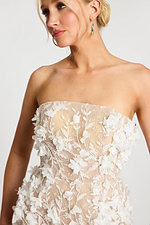 Close-up of sequin embroidery and sheer bodice on ivory dress