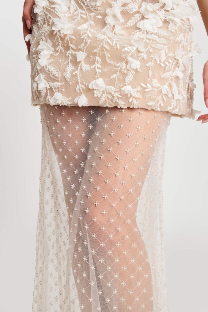 Elegant fitted ivory dress with botanical beaded lace work
