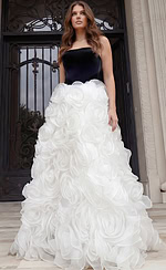 Full length strapless gown with dramatic white rosette skirt and structured bodice