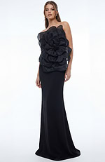 Strapless black evening gown with sculpted floral bodice and fitted straight skirt shown from the front