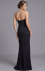 Back view of strapless black fitted evening gown with center zipper and sleek silhouette