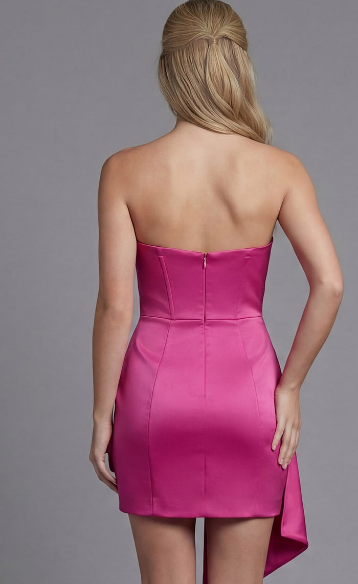 Strapless fitted satin mini dress with clean structured bodice and smooth finish