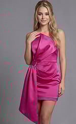 One shoulder fitted mini dress with oversized bow detail and sleek silhouette