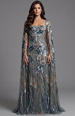 Sequin embellished gown with square neckline and cape sleeves