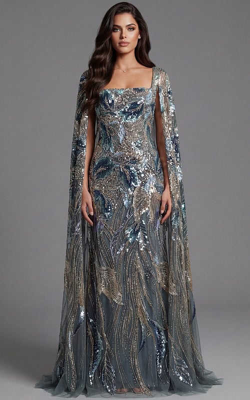 Sequin embellished gown with square neckline and cape sleeves