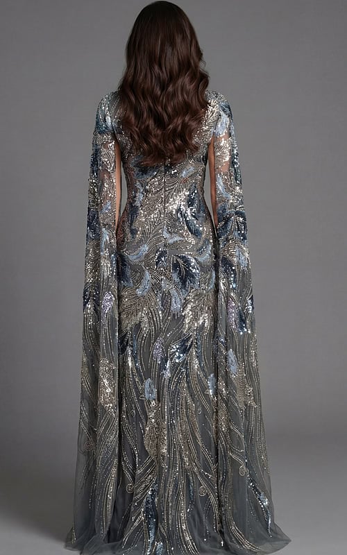 Back view of fitted sequin gown with flowing sheer cape detail