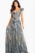 V-back glitter gown with sequin leaf patterns and soft ruffle shoulders