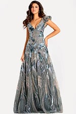 Beaded A-line evening dress featuring shimmering metallic embroidery