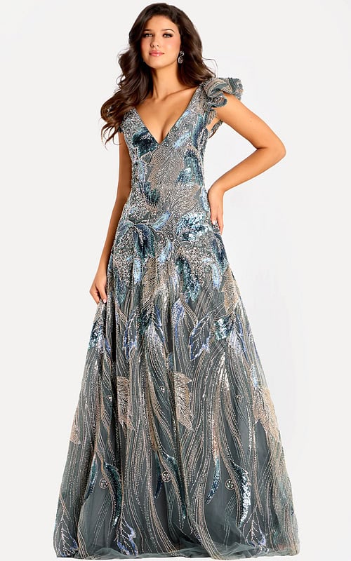 Beaded A-line evening dress featuring shimmering metallic embroidery