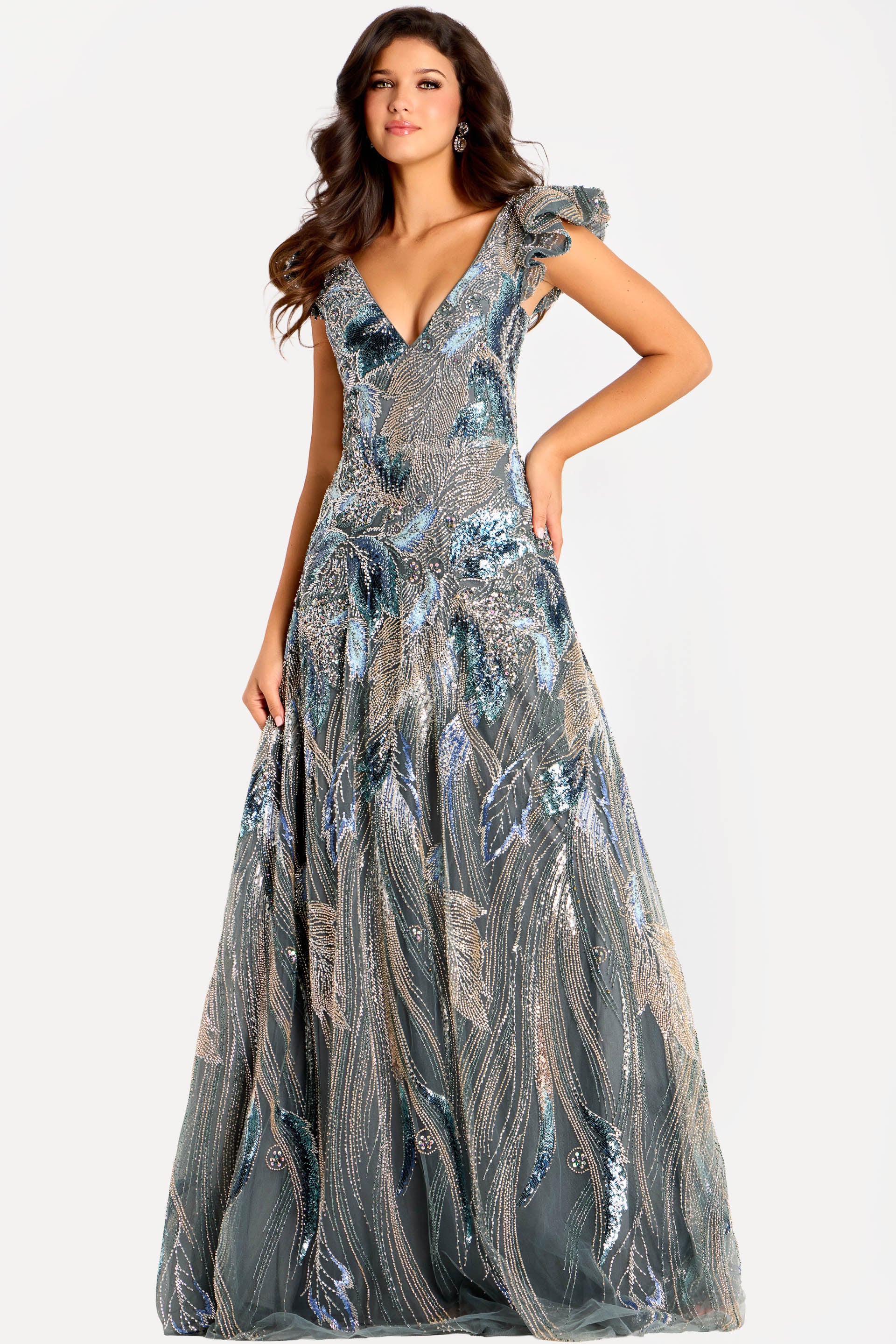 45942_GREY_2435 Beaded A-line evening dress featuring shimmering metallic embroidery