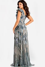 Grey sequin gown with flutter sleeves and deep V-neckline