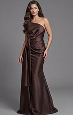 One shoulder satin gown with draped knot detail and fitted silhouette