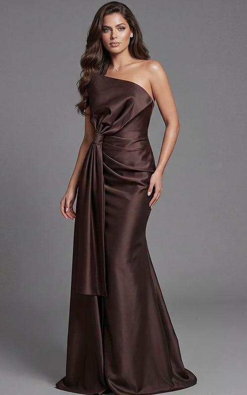 One shoulder satin gown with draped knot detail and fitted silhouette