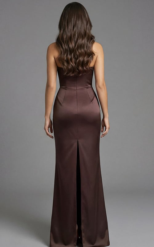 Back view of sleek evening gown with smooth satin finish and center slit