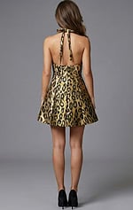 Back view of halter neck fit and flare mini dress with open back detail