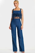 Feathered Denim Two-Piece Outfit Front View – Style 45973