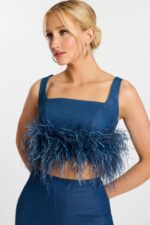Blue Feather Trim Crop Top Close-Up – Jovani 45973