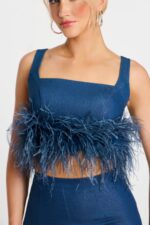 Denim Feathered Crop Top and Pants Set – Jovani 45973