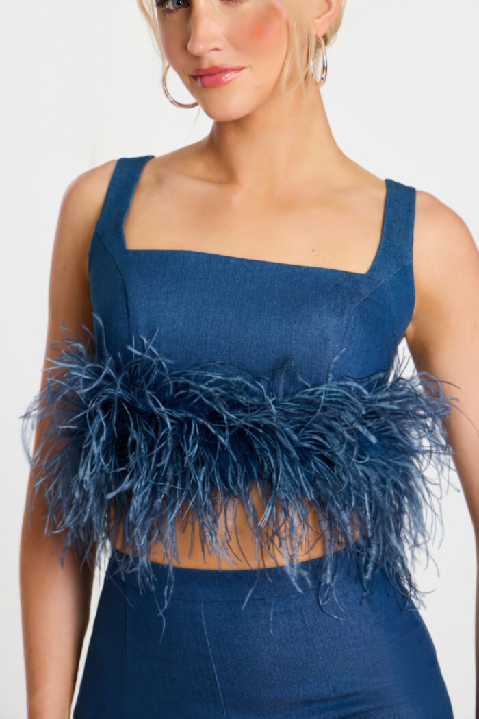 Denim Feathered Crop Top and Pants Set – Jovani 45973