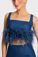 Denim Feathered Crop Top and Pants Set – Jovani 45973