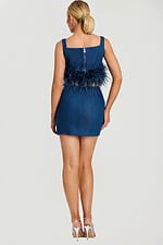 Back View of Denim Two-Piece Outfit with Zippered Crop Top and Mini Skirt