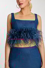 Close-Up of Square Neck Feather Trim Crop Top with Patch Pockets on Skirt
