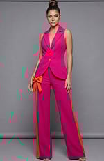 Sleeveless tailored suit with fitted vest and wide leg trousers back view