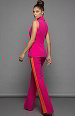 Sleeveless tailored suit with deep V vest and wide leg trousers