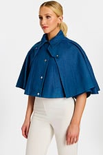 Side View of Structured Denim Cape with Wide Sleeves and Snap Button Detail