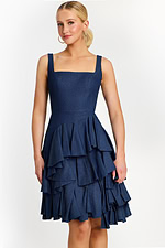 Front View of Denim Dress with Layered Ruffle Skirt and Fitted Bodice
