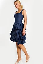 Model Wearing Sleeveless Denim Ruffle Dress with Square Neckline and Tiered Skirt