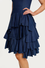 Close-Up of Ruffled Tiered Skirt in Blue Denim Fabric