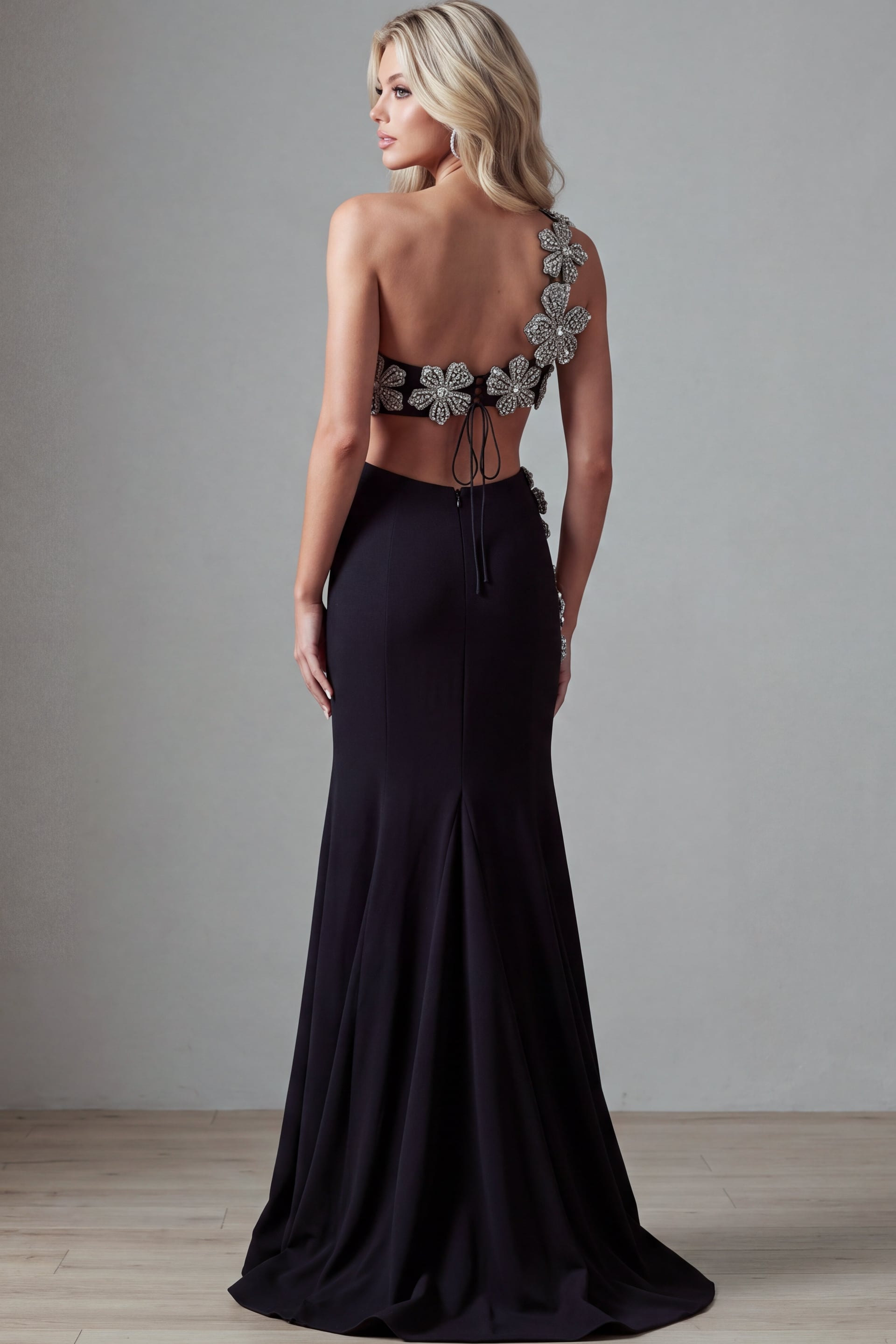 back of one shoulder beaded two piece dress