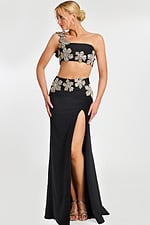 One shoulder black two-piece gown with large crystal flower appliqués and thigh-high slit