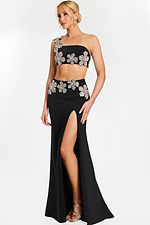 Black formal two-piece dress with floral beaded appliqués and high slit front view