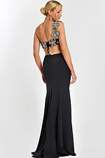 Side-back view of black two-piece dress with one shoulder beaded floral top