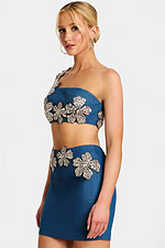One shoulder denim two-piece dress with crystal floral appliqué